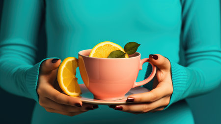 woman hands close-up holding fresh cup of warm tea with lemon wearing sweaterの素材