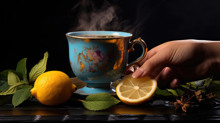 woman hands close-up holding fresh cup of warm tea with lemon wearing sweaterの素材