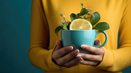 woman hands close-up holding fresh cup of warm tea with lemon wearing sweaterの素材