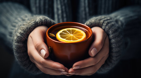 woman hands close-up holding fresh cup of warm tea with lemon wearing sweaterの素材