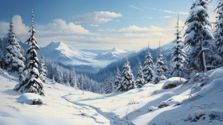 panorama winter landscape of mountains with spruce trees during sunny winter day with snowの素材