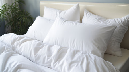 comfortable clean white bed with duvet and soft sheets in bright room with pillows and elegant decorationの素材
