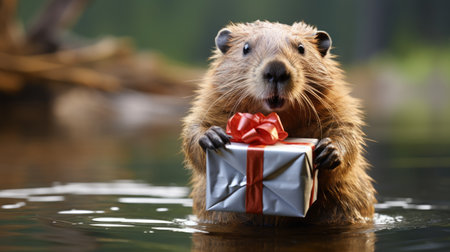 cute beaver holding present with box and flowers with ribbon in the waterの素材