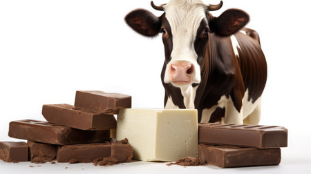 farm milk cow eating chocolate bar isolated on white background with copy spaceの素材