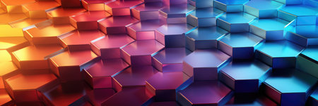 wide hexagon geometrical 3d banner with multicolor gradient and shapesの素材