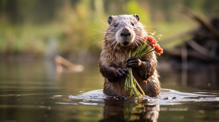 cute beaver holding present with box and flowers with ribbon in the waterの素材