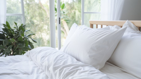 comfortable clean white bed with duvet and soft sheets in bright room with pillows and elegant decorationの素材