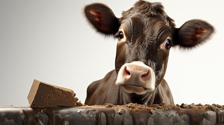 farm milk cow eating chocolate bar isolated on white background with copy spaceの素材