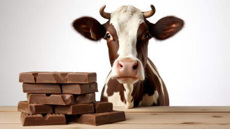 farm milk cow eating chocolate bar isolated on white background with copy spaceの素材