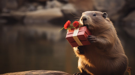 cute beaver holding present with box and flowers with ribbon in the waterの素材