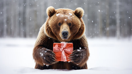 brown bear holding gift box with ribbon in the snowの素材