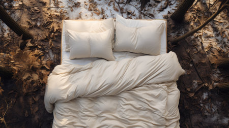 comfortable clean white bed with duvet and soft sheets in bright room with pillows and elegant decorationの素材