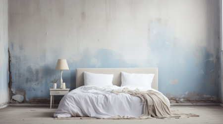 comfortable clean white bed with duvet and soft sheets in bright room with pillows and elegant decorationの素材