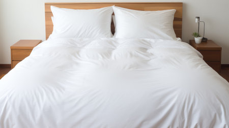 comfortable clean white bed with duvet and soft sheets in bright room with pillows and elegant decorationの素材