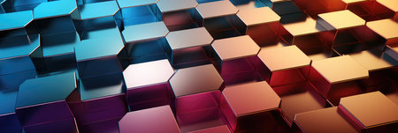 wide hexagon geometrical 3d banner with multicolor gradient and shapesの素材