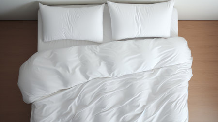 comfortable clean white bed with duvet and soft sheets in bright room with pillows and elegant decorationの素材