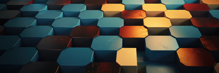 wide hexagon geometrical 3d banner with multicolor gradient and shapesの素材