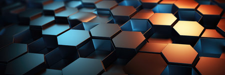 wide hexagon geometrical 3d banner with multicolor gradient and shapesの素材