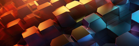 wide hexagon geometrical 3d banner with multicolor gradient and shapesの素材