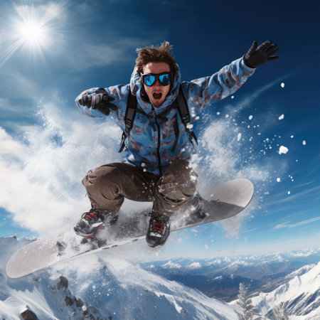 young man jumping with snowboard in snow on a sunny dayの素材