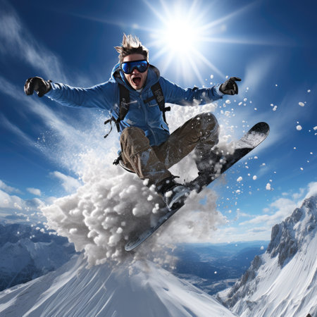 young man jumping with snowboard in snow on a sunny dayの素材