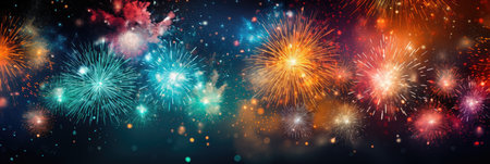 wide banner celebration fireworks on night sky with colorful red and yellow explosionsの素材