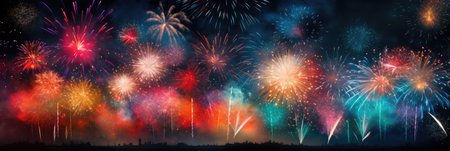 wide banner celebration fireworks on night sky with colorful red and yellow explosionsの素材