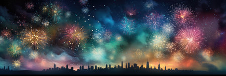 wide banner celebration fireworks on night sky with colorful red and yellow explosionsの素材