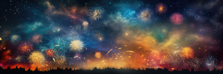 wide banner celebration fireworks on night sky with colorful red and yellow explosionsの素材