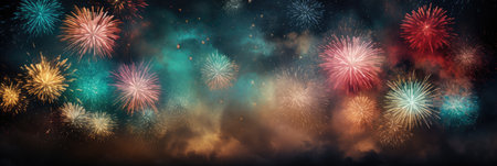 wide banner celebration fireworks on night sky with colorful red and yellow explosionsの素材