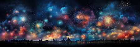wide banner celebration fireworks on night sky with colorful red and yellow explosionsの素材