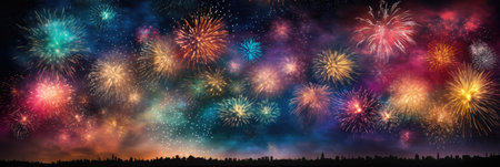 wide banner celebration fireworks on night sky with colorful red and yellow explosionsの素材