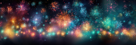 wide banner celebration fireworks on night sky with colorful red and yellow explosionsの素材