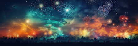 wide banner celebration fireworks on night sky with colorful red and yellow explosionsの素材