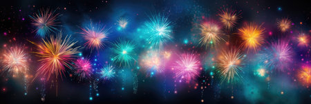 wide banner celebration fireworks on night sky with colorful red and yellow explosionsの素材