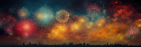 wide banner celebration fireworks on night sky with colorful red and yellow explosionsの素材