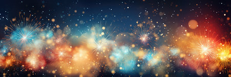 wide banner celebration fireworks on night sky with colorful red and yellow explosionsの素材