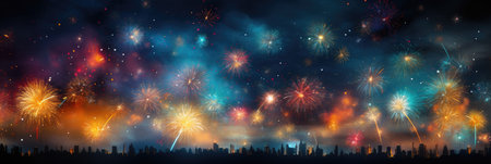 wide banner celebration fireworks on night sky with colorful red and yellow explosionsの素材