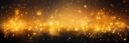 wide banner celebration fireworks on night sky with colorful red and yellow explosionsの素材