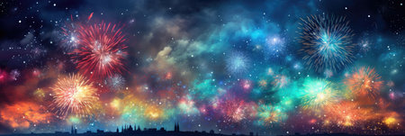 wide banner celebration fireworks on night sky with colorful red and yellow explosionsの素材