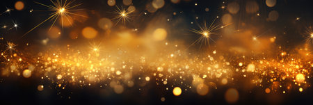 wide banner celebration fireworks on night sky with colorful red and yellow explosionsの素材