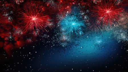 colorful fireworksfor new year with yellow and red explosions on night skyの素材