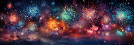 wide banner celebration fireworks on night sky with colorful red and yellow explosionsの素材
