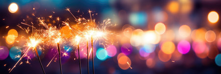 sparkler banner burning bright with red and yellow lights with bokeh backgroundの素材