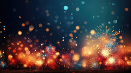 colorful fireworksfor new year with yellow and red explosions on night skyの素材