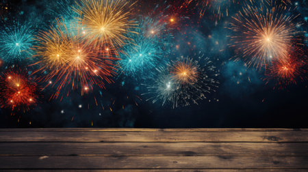 colorful fireworksfor new year with yellow and red explosions on night skyの素材