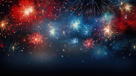 colorful fireworksfor new year with yellow and red explosions on night skyの素材