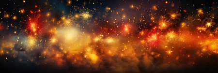 wide banner celebration fireworks on night sky with colorful red and yellow explosionsの素材