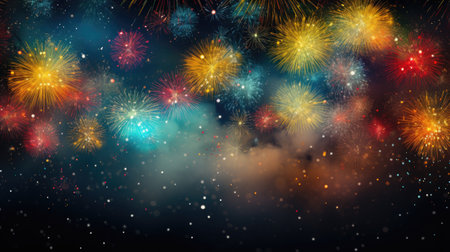 colorful fireworksfor new year with yellow and red explosions on night skyの素材
