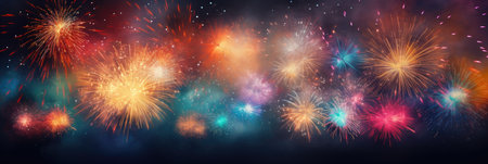 wide banner celebration fireworks on night sky with colorful red and yellow explosionsの素材
